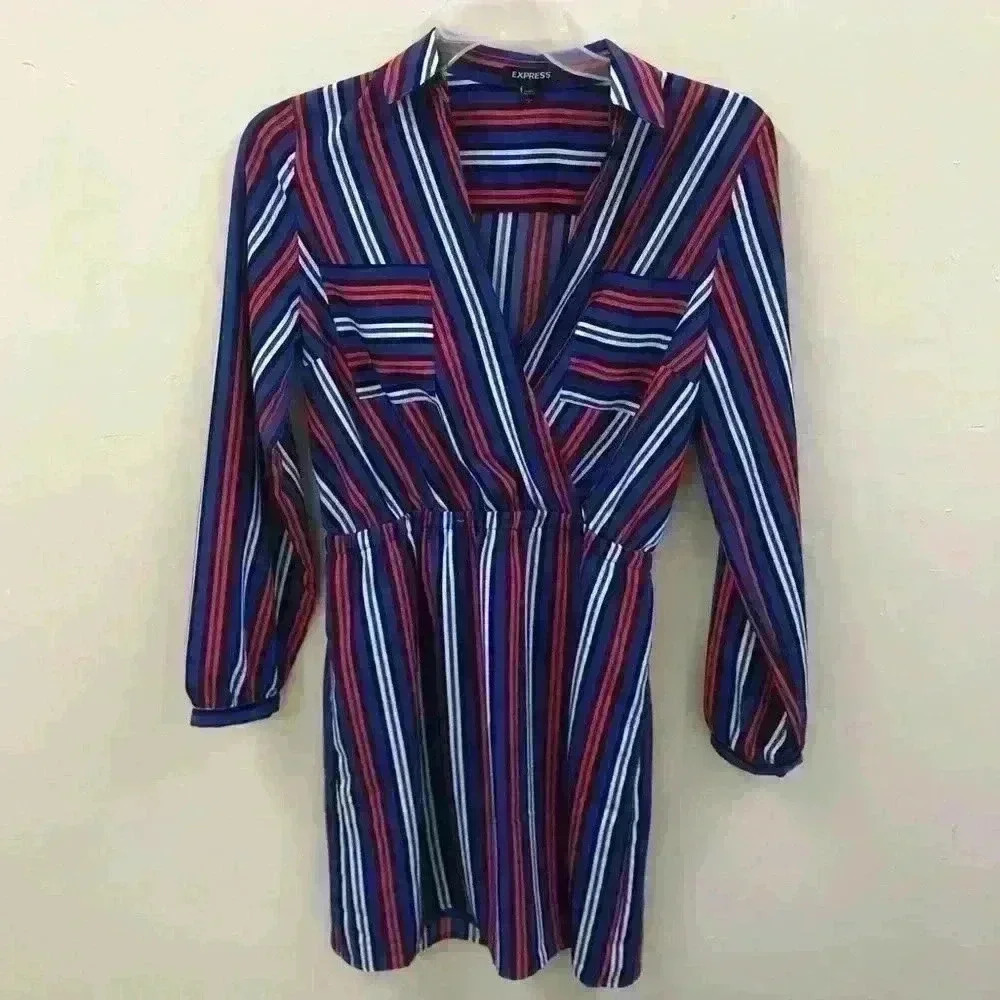 Express Red White Blue Lines Long Sleeves Dress